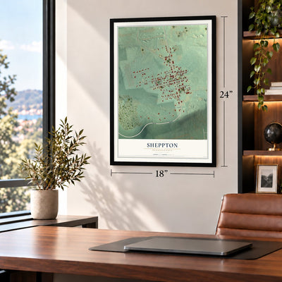 Sheppton, Pennsylvania map, 18 x 24 inch print in a black frame in a home office