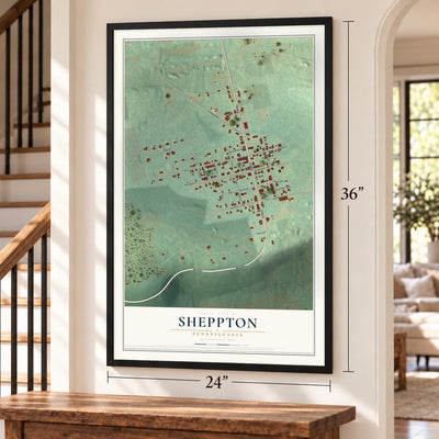 Sheppton, Pennsylvania map, 24 x 36 inch print in a black frame by a staircase