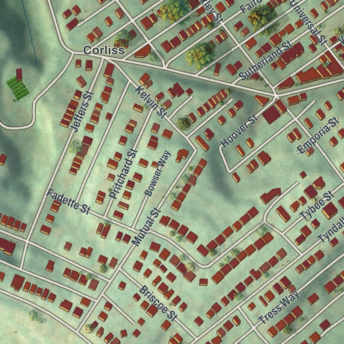 Close-up of the map of Sheraden, Pennsylvania print showing street and building detail