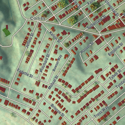 Close-up of the map of Sheraden, Pennsylvania print showing street and building detail