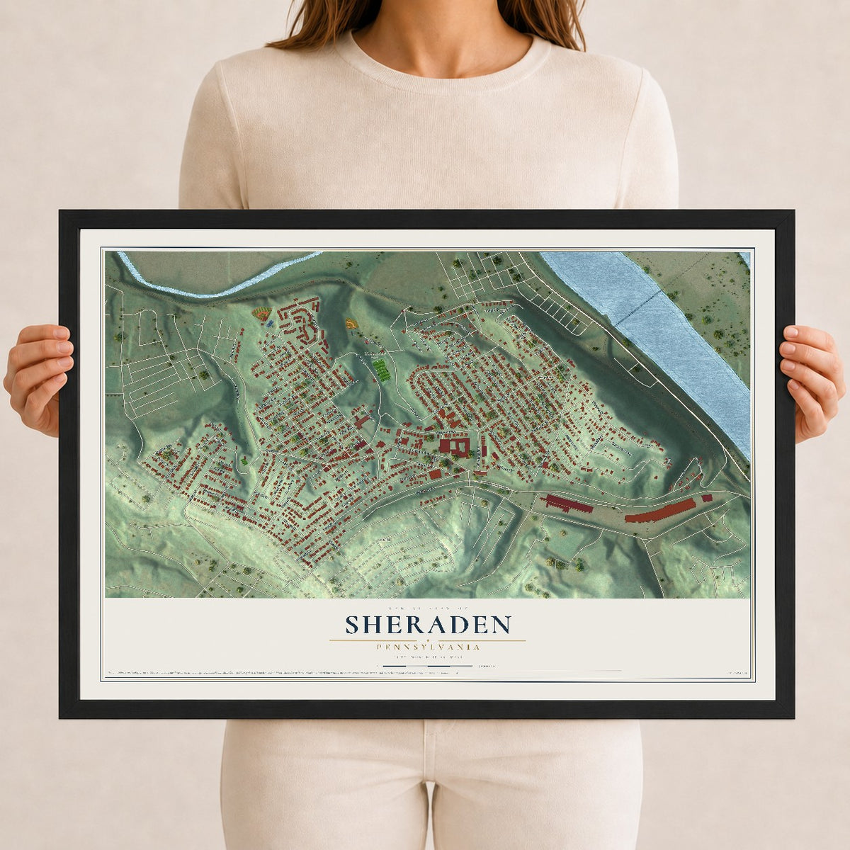 Map of Sheraden, Pennsylvania, 12 x 18 inch print in a black wood frame