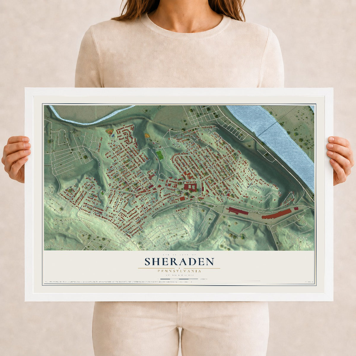 Map of Sheraden, Pennsylvania, 12 x 18 inch print in a white wood frame