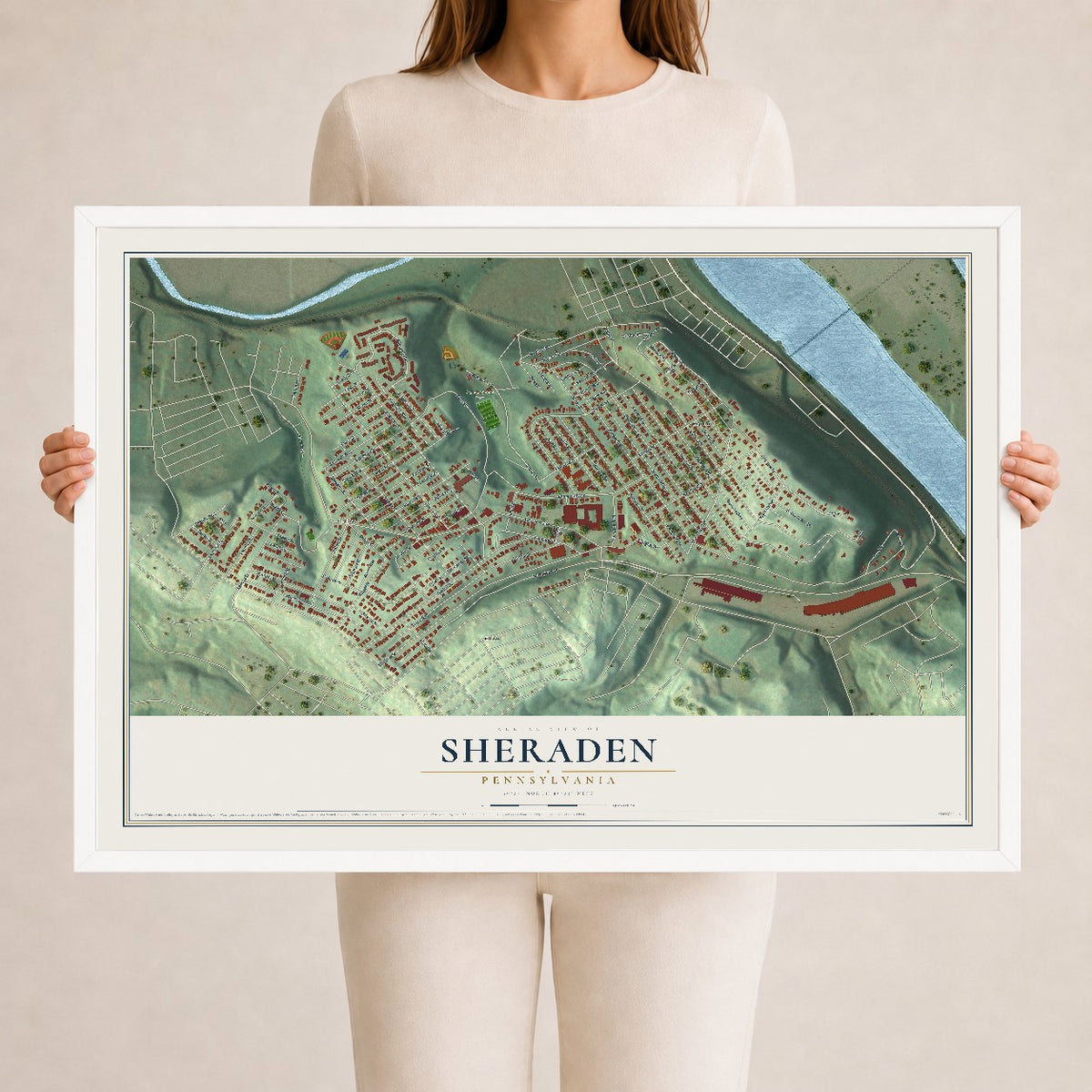 Map of Sheraden, Pennsylvania, 24 x 36 inch print in a white wood frame