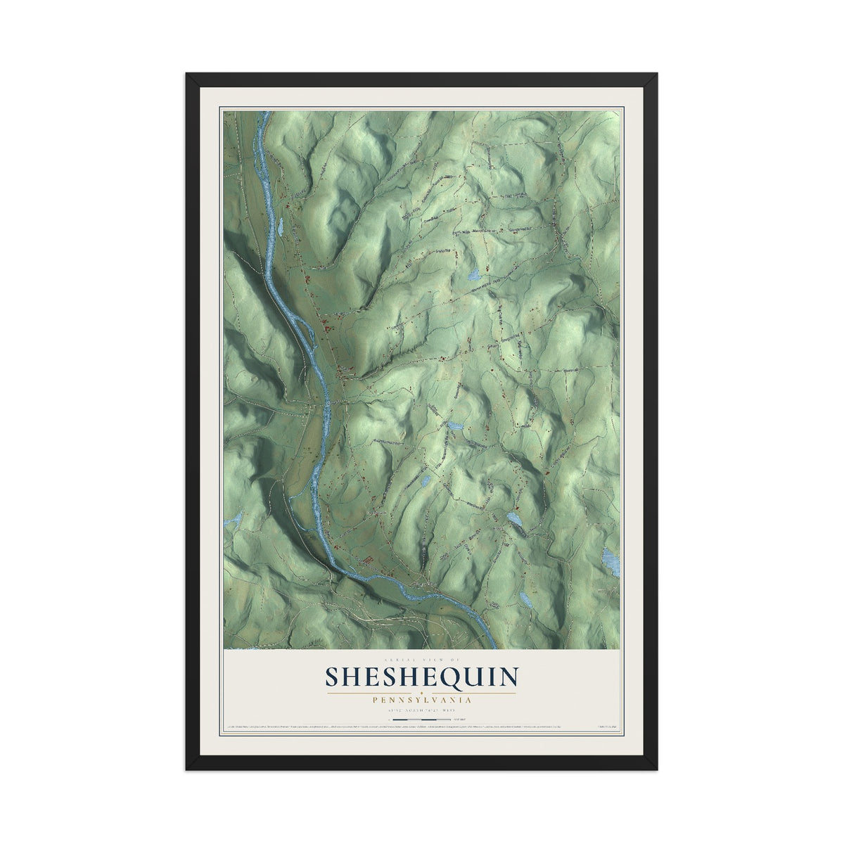 Map of Sheshequin, Pennsylvania, 12 x 18 inch print in a black wood frame