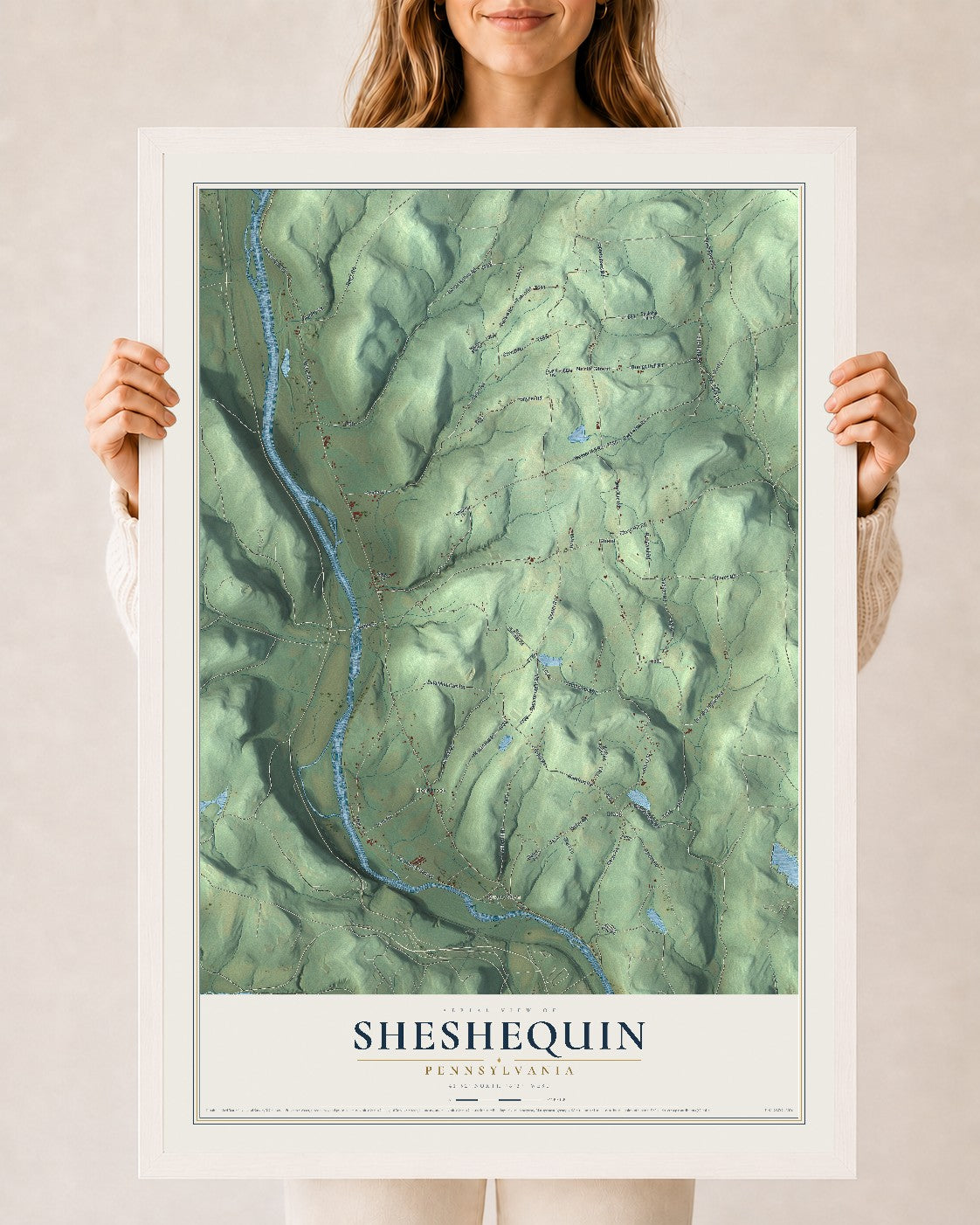 Map of Sheshequin, Pennsylvania, 24 x 36 inch print in a white wood frame
