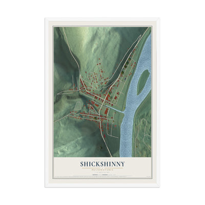 Map of Shickshinny, Pennsylvania, 12 x 18 inch print in a white wood frame