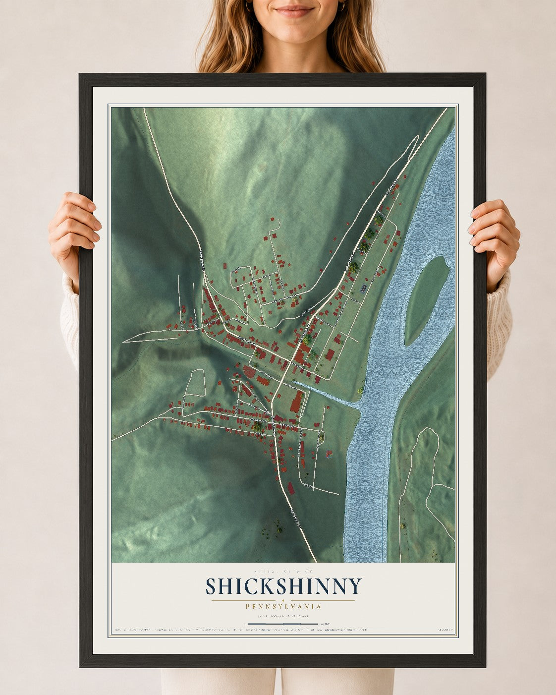 Map of Shickshinny, Pennsylvania, 24 x 36 inch print in a black wood frame