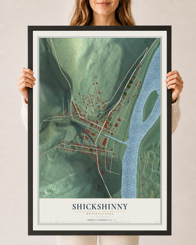Map of Shickshinny, Pennsylvania, 24 x 36 inch print in a black wood frame