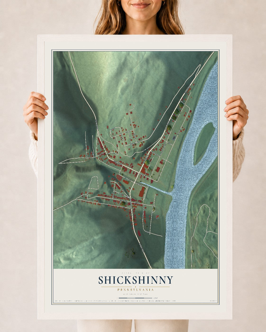 Map of Shickshinny, Pennsylvania, 24 x 36 inch print in a white wood frame
