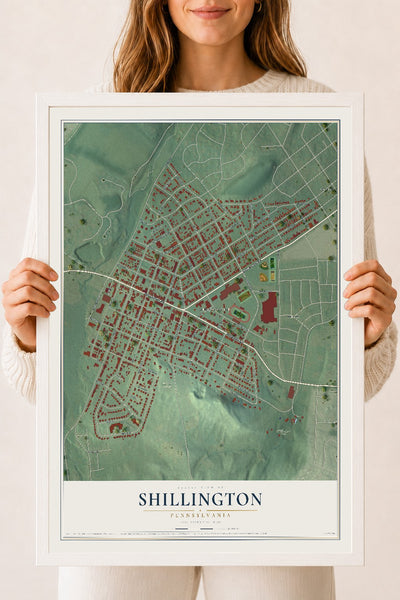Map of Shillington, Pennsylvania, 18 x 24 inch print in a white wood frame