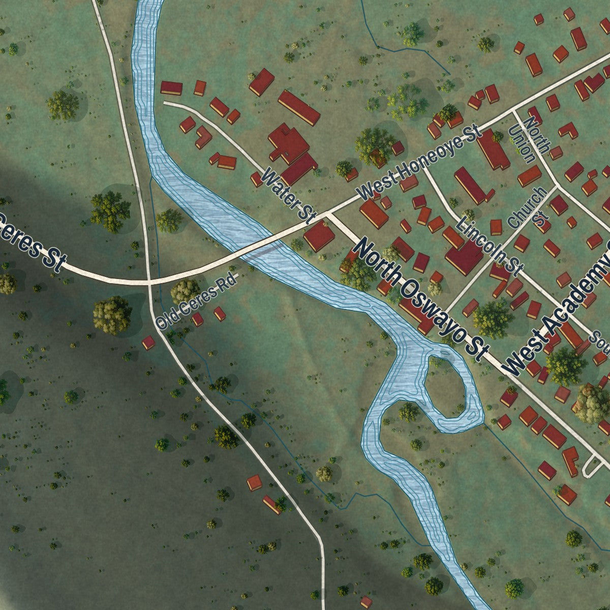 Second close-up of the map of Shinglehouse, Pennsylvania print showing more streets and buildings