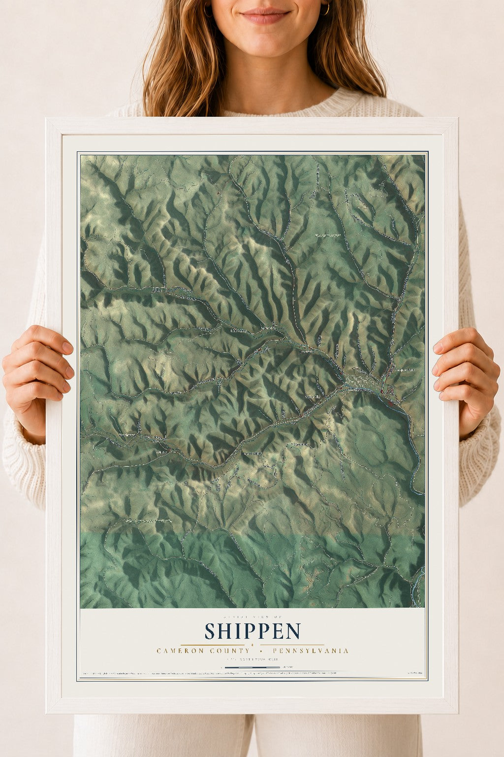 Map of Shippen, Cameron County, Pennsylvania, 18 x 24 inch print in a white wood frame