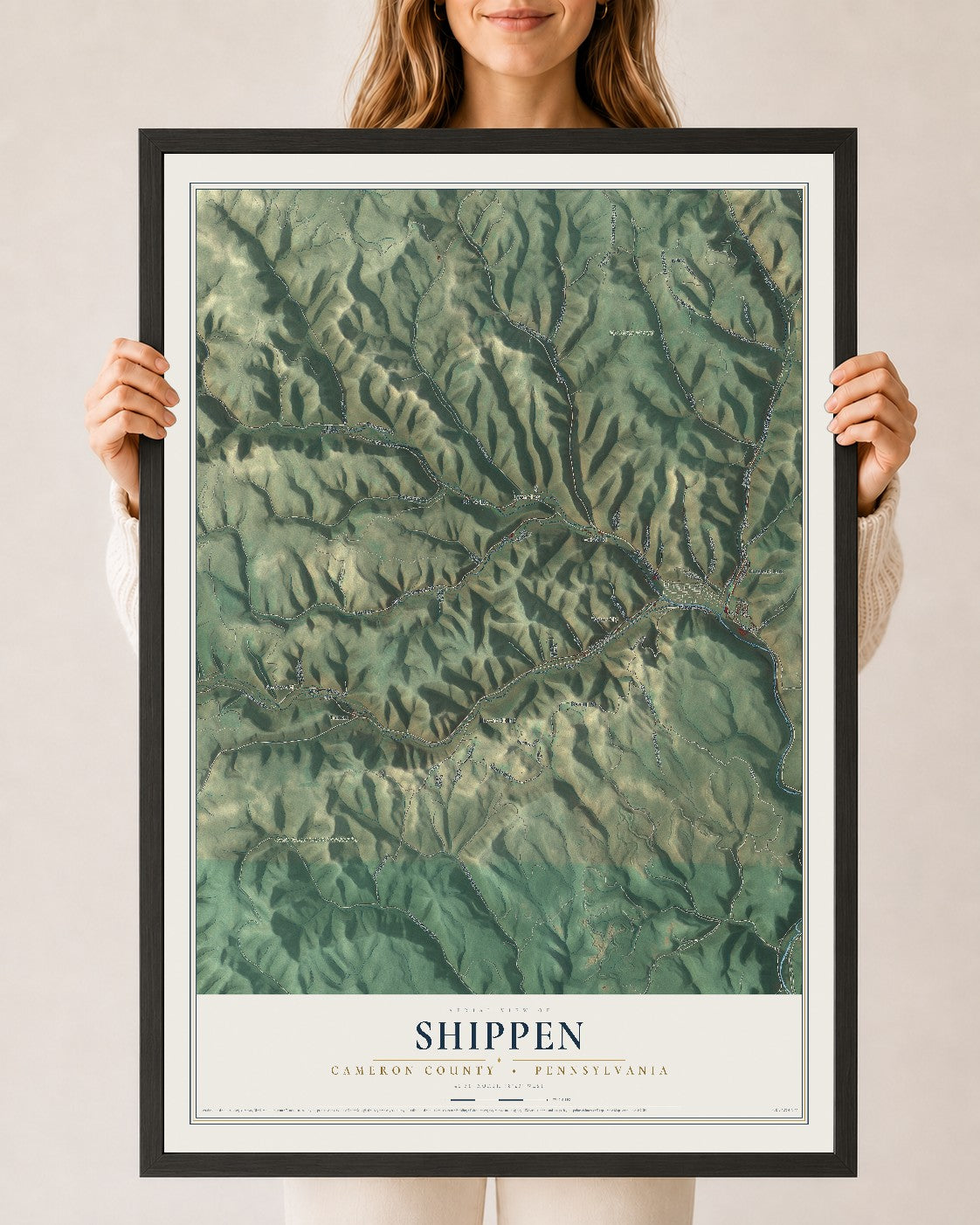 Map of Shippen, Cameron County, Pennsylvania, 24 x 36 inch print in a black wood frame