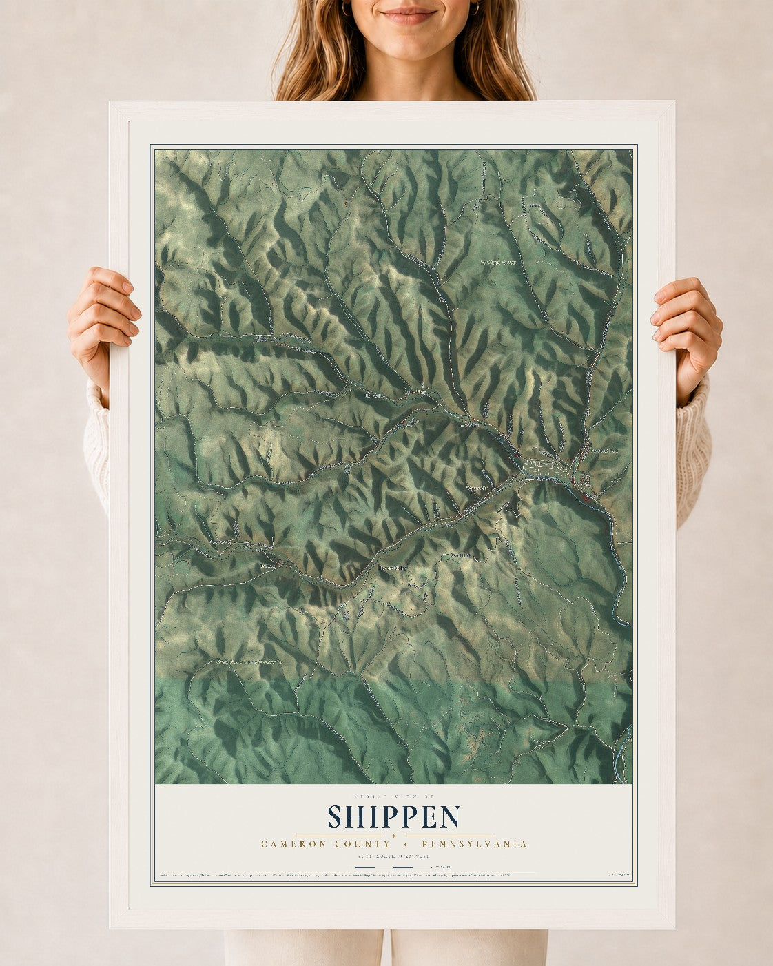 Map of Shippen, Cameron County, Pennsylvania, 24 x 36 inch print in a white wood frame