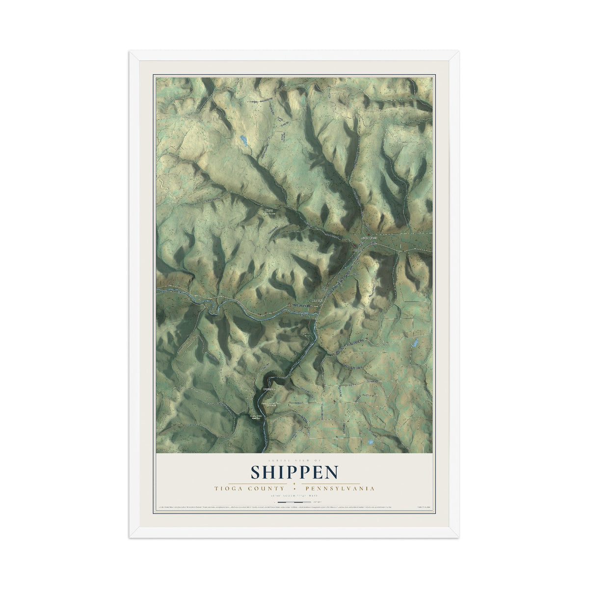 Map of Shippen, Tioga County, Pennsylvania, 12 x 18 inch print in a white wood frame