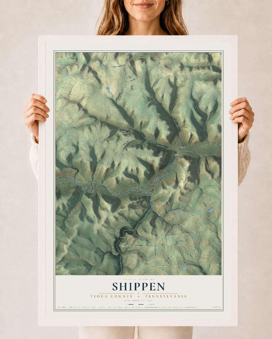 Map of Shippen, Tioga County, Pennsylvania, 24 x 36 inch print in a white wood frame
