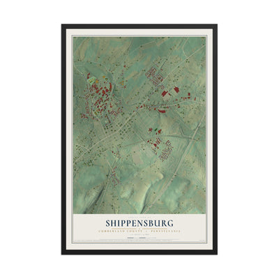 Map of Shippensburg, Cumberland County, Pennsylvania, 12 x 18 inch print in a black wood frame