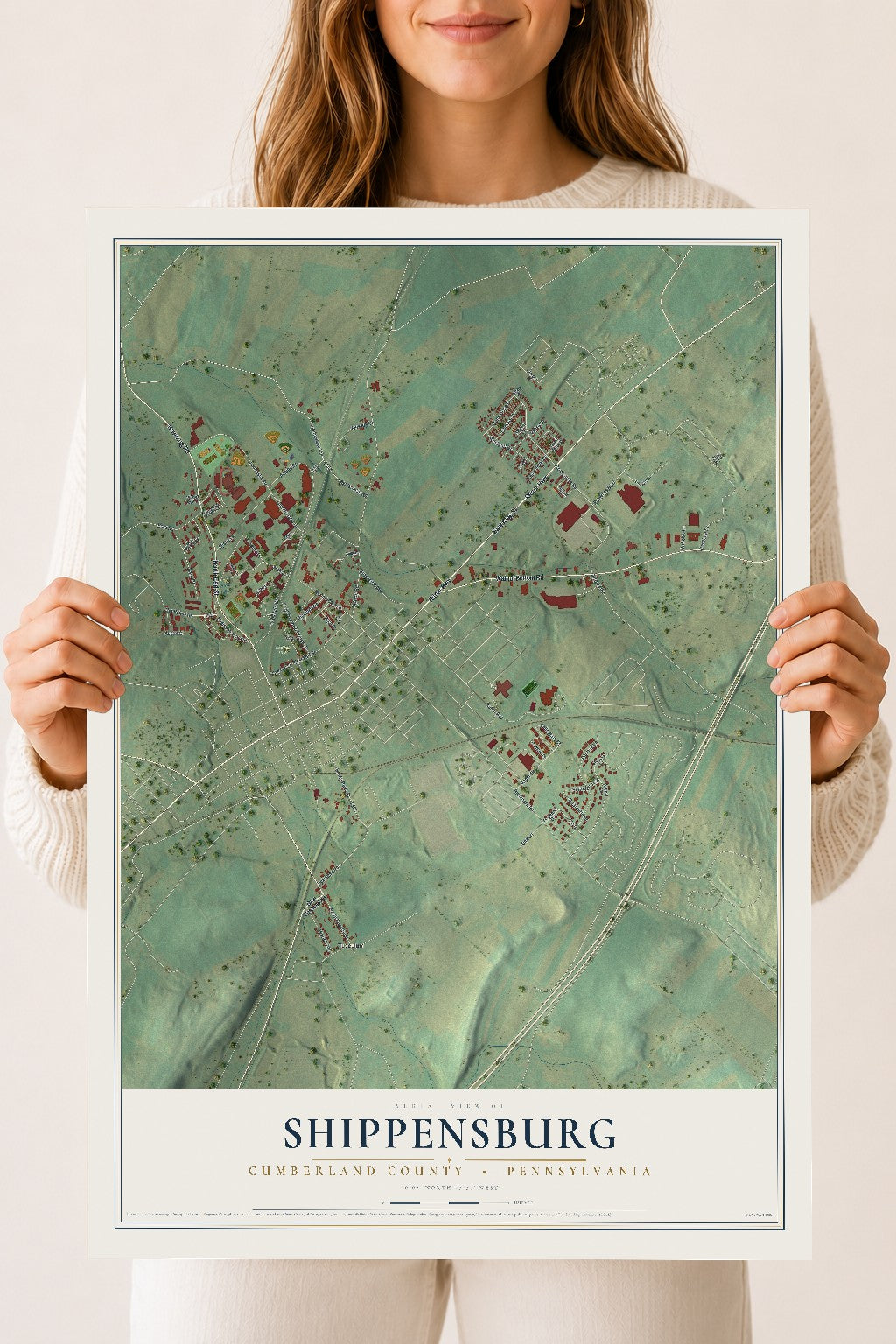 Map of Shippensburg, Cumberland County, Pennsylvania, 18 x 24 inch unframed archival matte print