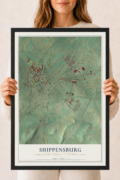 Map of Shippensburg, Cumberland County, Pennsylvania, 18 x 24 inch print in a black wood frame