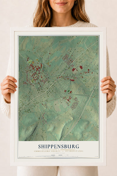 Map of Shippensburg, Cumberland County, Pennsylvania, 18 x 24 inch print in a white wood frame