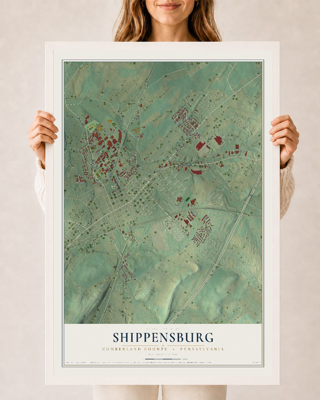 Map of Shippensburg, Cumberland County, Pennsylvania, 24 x 36 inch print in a white wood frame