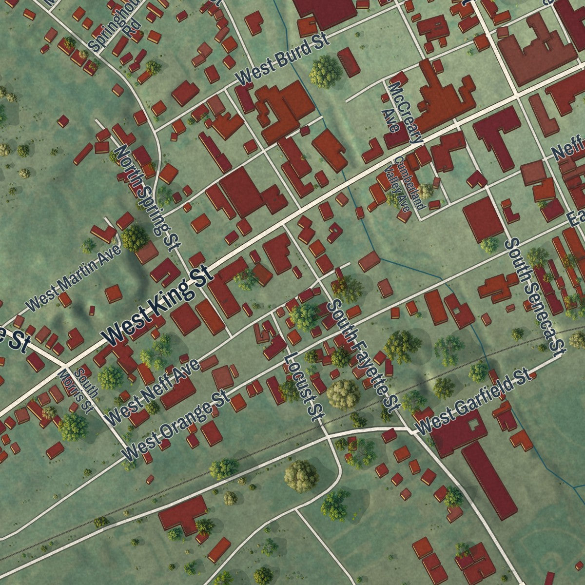 Second close-up of the map of Shippensburg, Franklin County, Pennsylvania print showing more streets and buildings