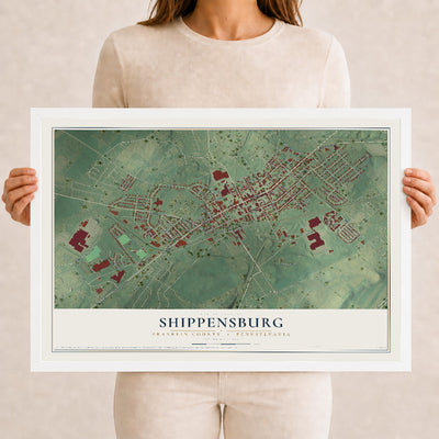 Map of Shippensburg, Franklin County, Pennsylvania, 12 x 18 inch print in a white wood frame