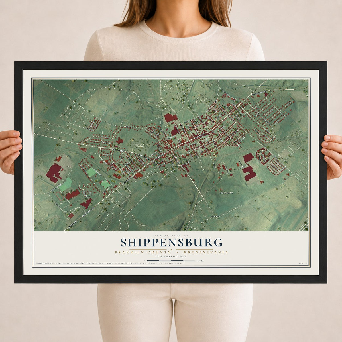 Map of Shippensburg, Franklin County, Pennsylvania, 18 x 24 inch print in a black wood frame