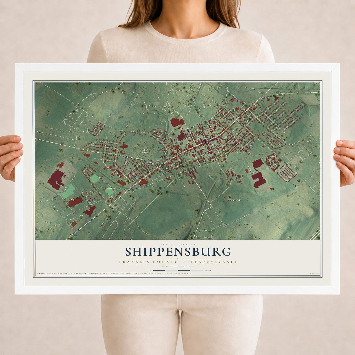 Map of Shippensburg, Franklin County, Pennsylvania, 18 x 24 inch print in a white wood frame