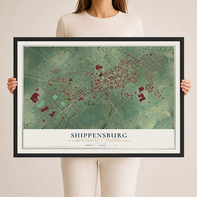 Map of Shippensburg, Franklin County, Pennsylvania, 24 x 36 inch print in a black wood frame