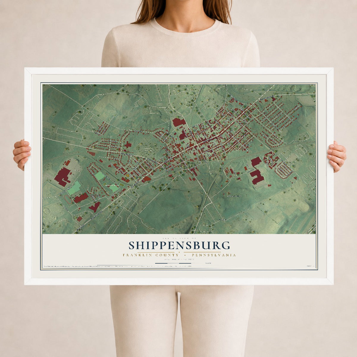 Map of Shippensburg, Franklin County, Pennsylvania, 24 x 36 inch print in a white wood frame