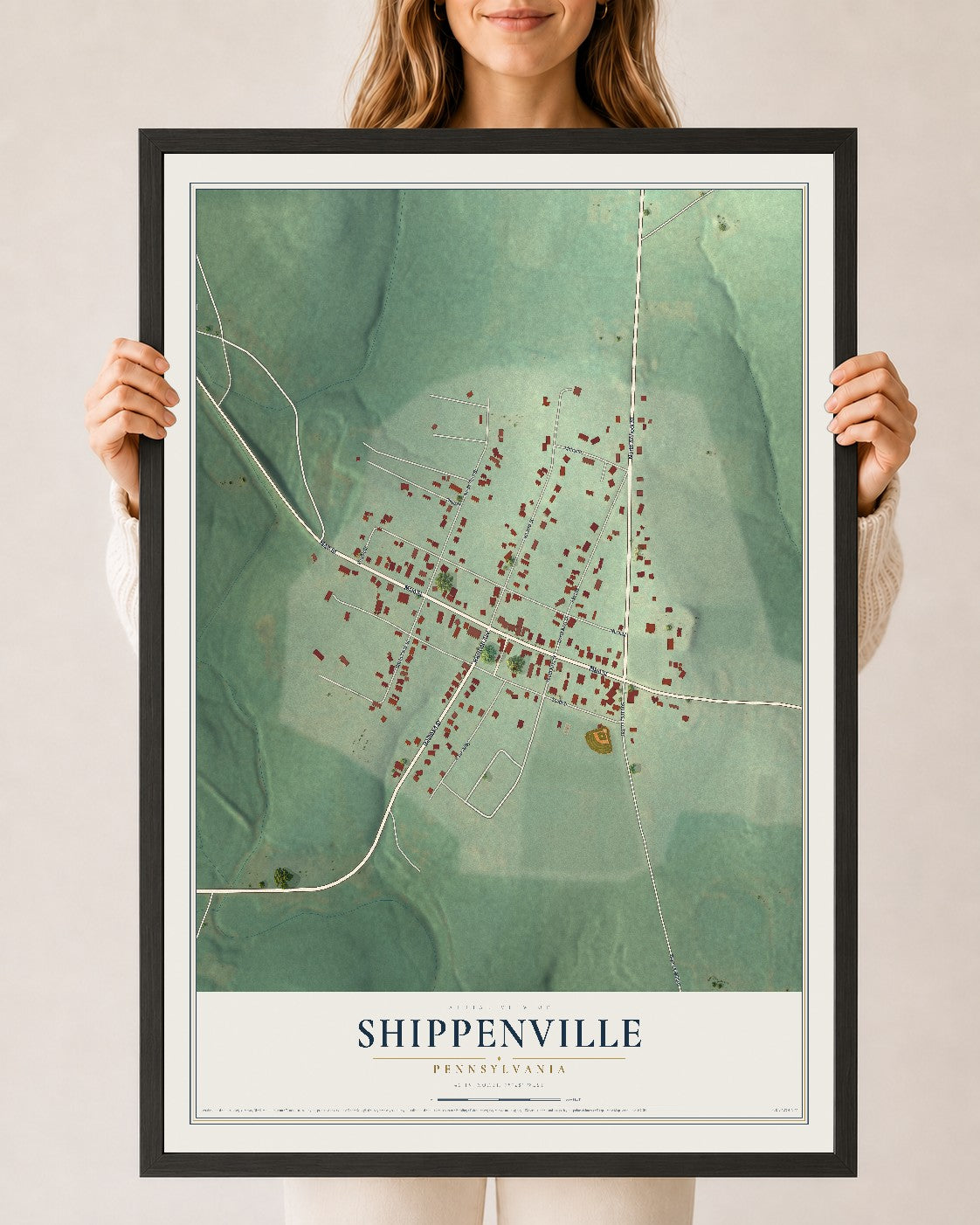 Map of Shippenville, Pennsylvania, 24 x 36 inch print in a black wood frame