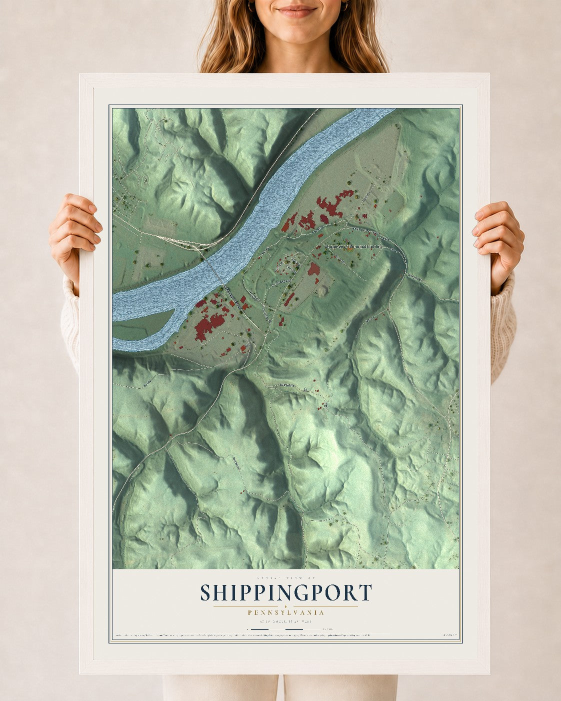 Map of Shippingport, Pennsylvania, 24 x 36 inch print in a white wood frame