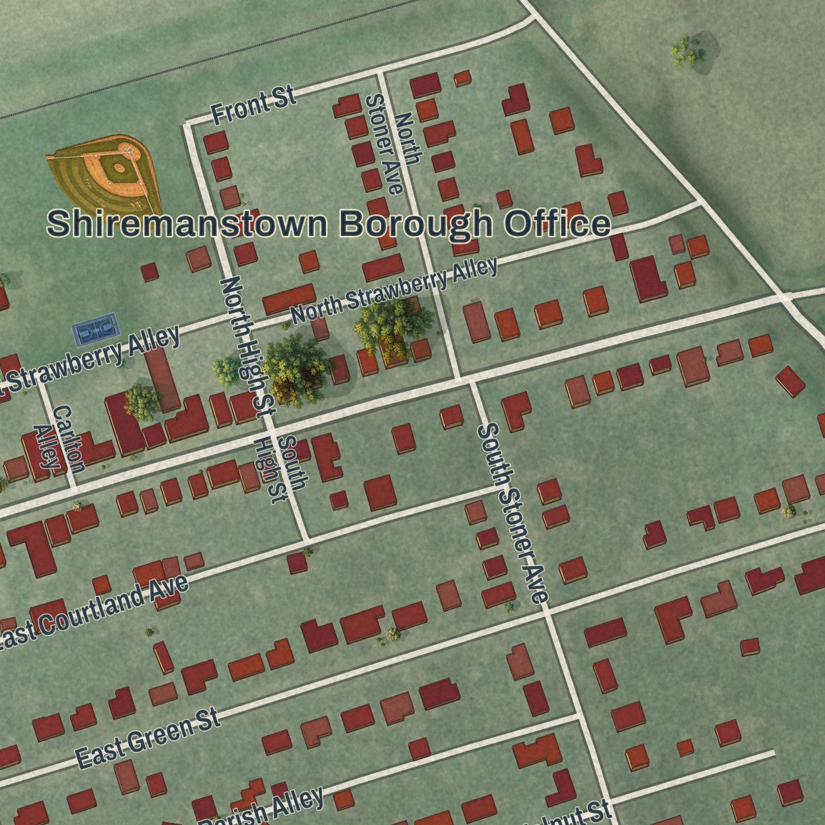 Second close-up of the map of Shiremanstown, Pennsylvania print showing more streets and buildings