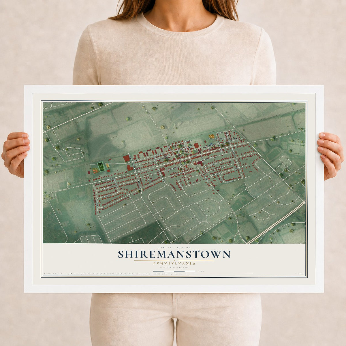 Map of Shiremanstown, Pennsylvania, 12 x 18 inch print in a white wood frame
