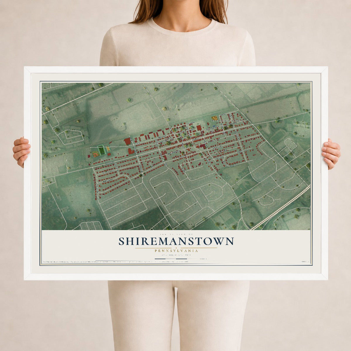 Map of Shiremanstown, Pennsylvania, 24 x 36 inch print in a white wood frame