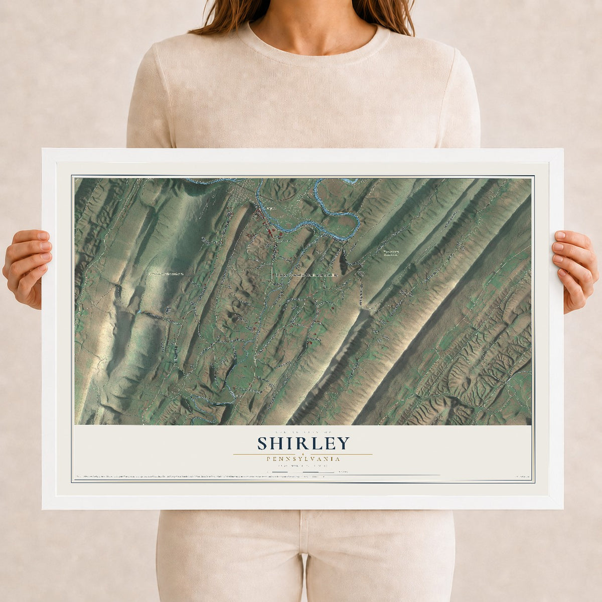Map of Shirley, Pennsylvania, 12 x 18 inch print in a white wood frame