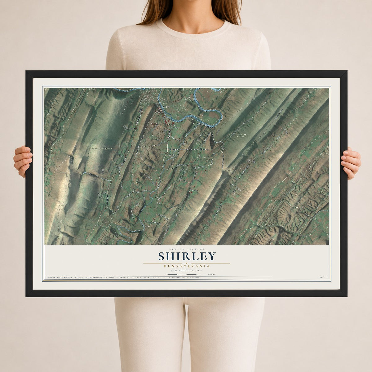 Map of Shirley, Pennsylvania, 24 x 36 inch print in a black wood frame