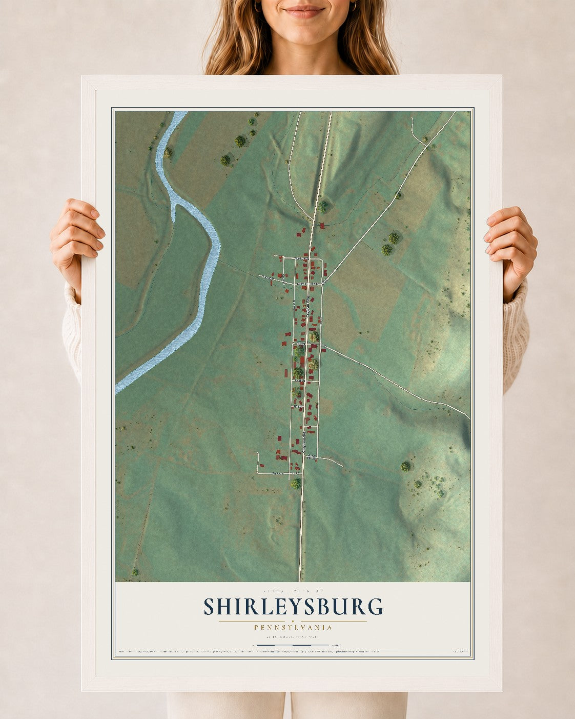 Map of Shirleysburg, Pennsylvania, 24 x 36 inch print in a white wood frame