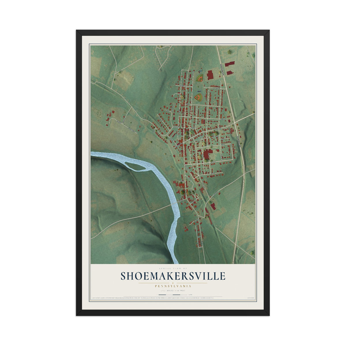 Map of Shoemakersville, Pennsylvania, 12 x 18 inch print in a black wood frame