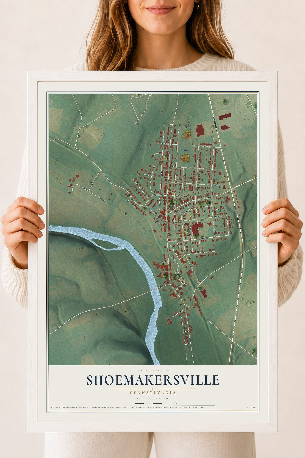 Map of Shoemakersville, Pennsylvania, 18 x 24 inch print in a white wood frame