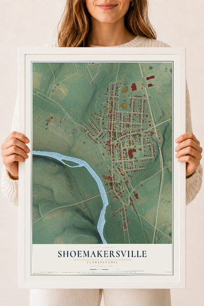 Map of Shoemakersville, Pennsylvania, 18 x 24 inch print in a white wood frame