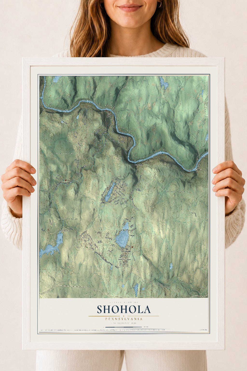 Map of Shohola, Pennsylvania, 18 x 24 inch print in a white wood frame