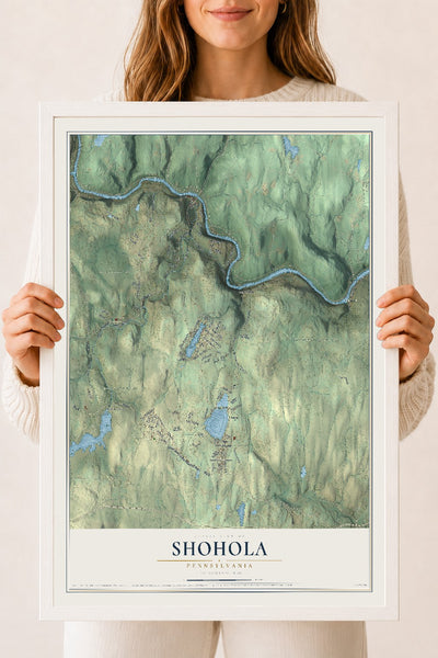 Map of Shohola, Pennsylvania, 18 x 24 inch print in a white wood frame