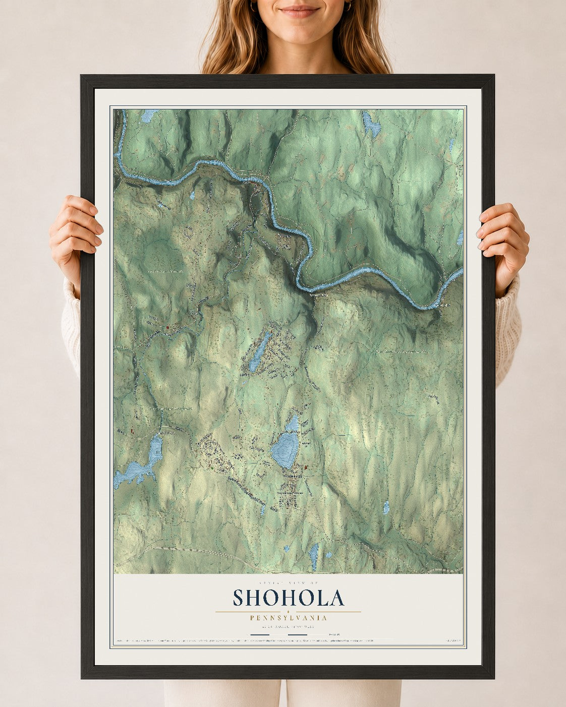 Map of Shohola, Pennsylvania, 24 x 36 inch print in a black wood frame