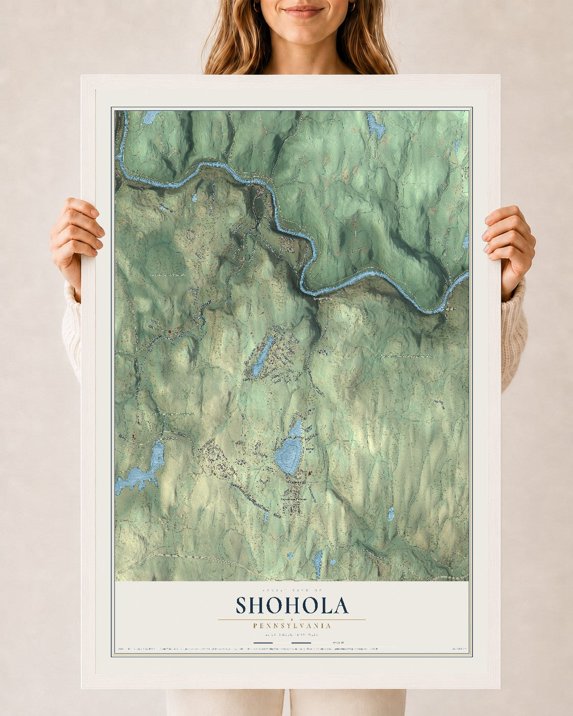 Map of Shohola, Pennsylvania, 24 x 36 inch print in a white wood frame