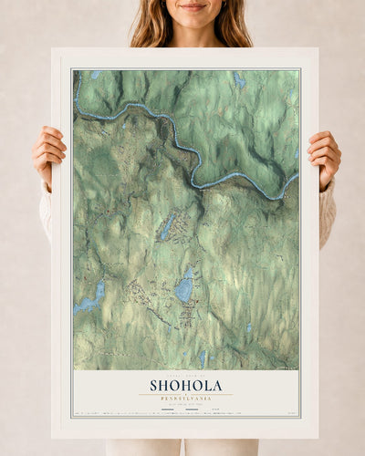Map of Shohola, Pennsylvania, 24 x 36 inch print in a white wood frame