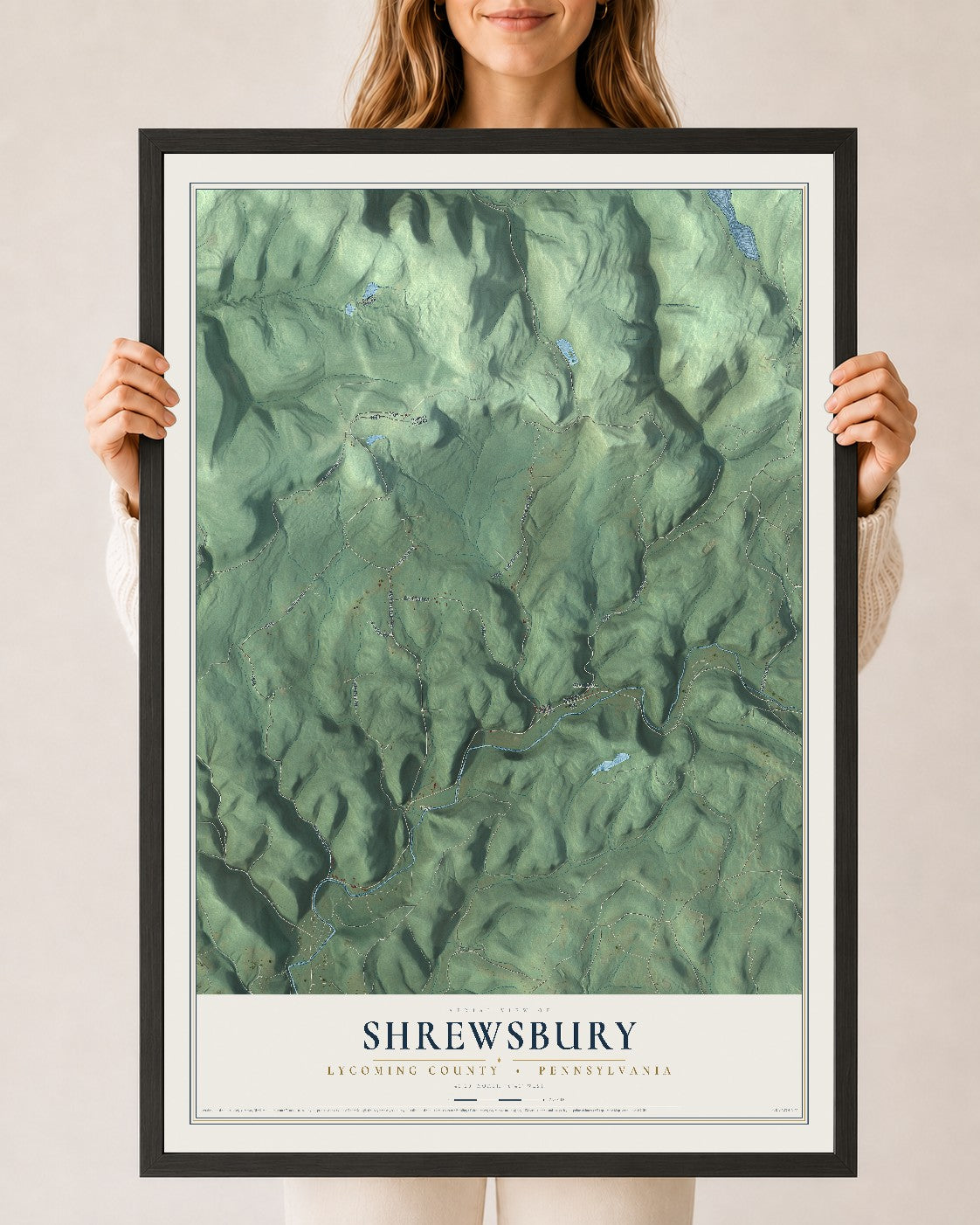 Map of Shrewsbury, Lycoming County, Pennsylvania, 24 x 36 inch print in a black wood frame
