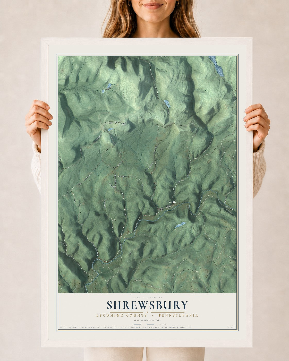 Map of Shrewsbury, Lycoming County, Pennsylvania, 24 x 36 inch print in a white wood frame