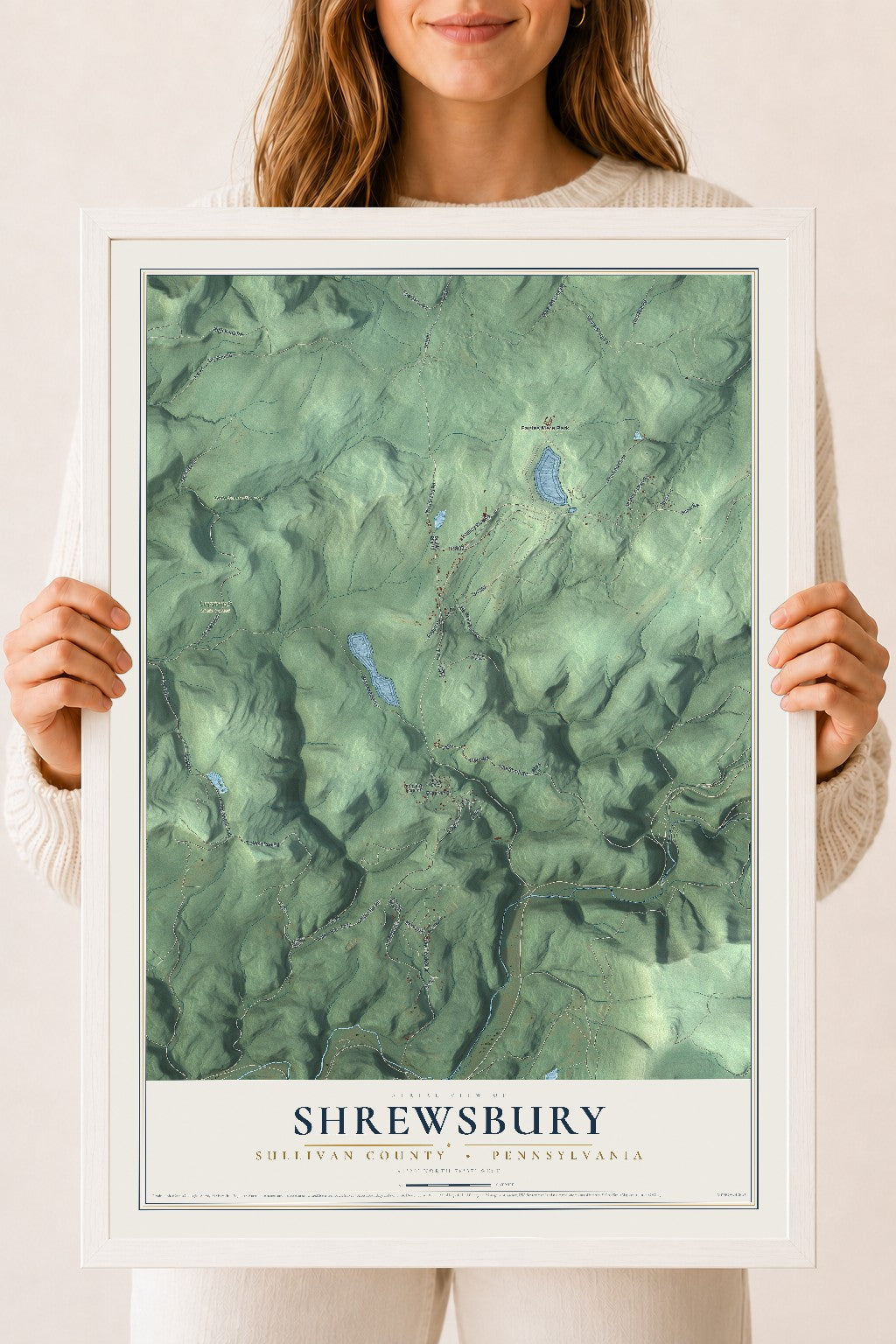 Map of Shrewsbury, Sullivan County, Pennsylvania, 18 x 24 inch print in a white wood frame